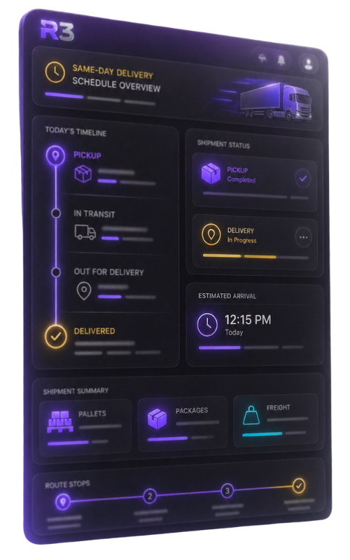 AV Blurred same-day delivery schedule dashboard with freight timeline, shipment status, and route stops ( 500 x 800px) Blurred same-day delivery schedule dashboard with freight timeline, shipment status, and route stops