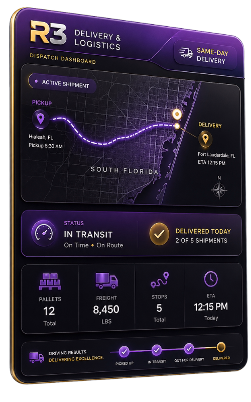 South Florida logistics dispatch dashboard showing same-day delivery scheduling, route tracking, and shipment status