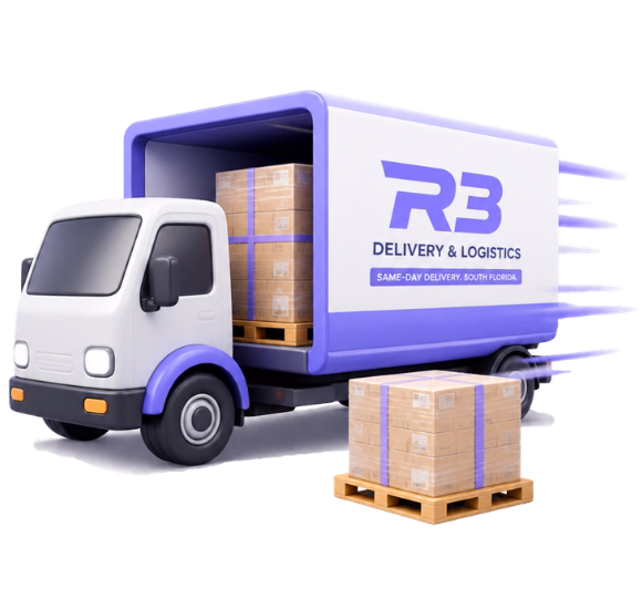 AV Stylized delivery truck in motion with pallets for same-day freight service in South Florida (580 x 550px ) Stylized delivery truck in motion with pallets for same-day freight service in South Florida