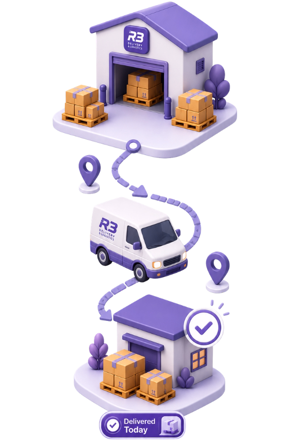 AV Vertical infographic showing the R3 pallet delivery process from quote request to pickup and final delivery in South Florida ( 600 x 1200px ) Vertical infographic showing the R3 pallet delivery process from quote request to pickup and final delivery in South Florida